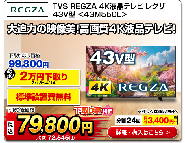 TVS REGZA 4K液晶テレビ レグザ43V型<43M550L>