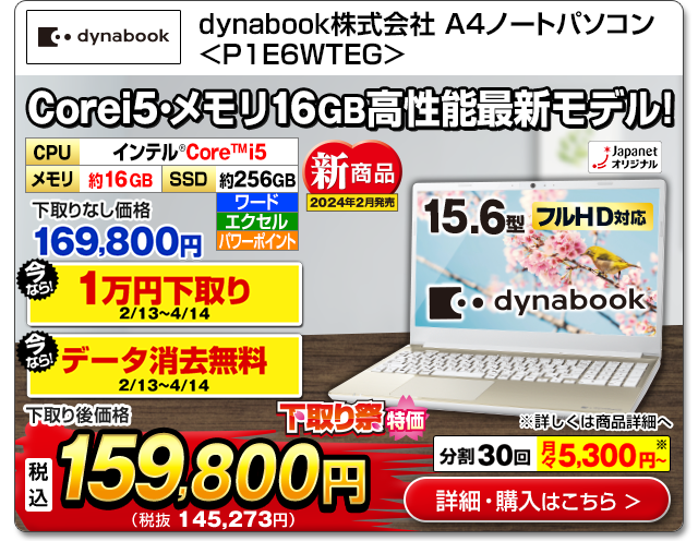 dynabook A4ノートパソコン16GB<P1E6WTEG>