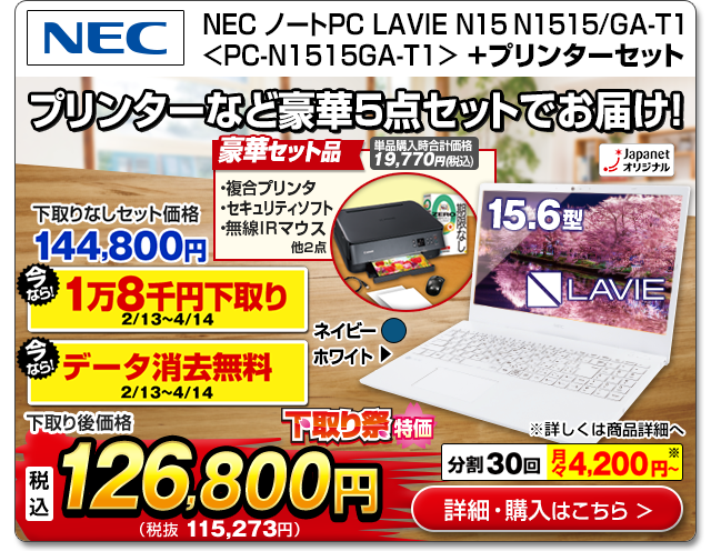 NEC ノートPC LAVIE N15 N1515 / GA-T1 8GB<PC-N1515GA-T1>+プリンタセット