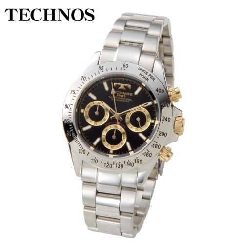 【クリックでお店のこの商品のページへ】TECHNOS 『クロノグラフ SS』 ブラック/ゴールド メンズ TGM615LB