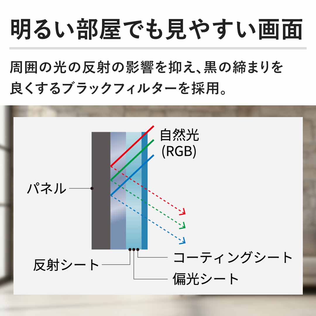 �y���邢�����ł����₷����ʁz���͂̌��̔��˂̉e����}���A���̒��܂��ǂ�����u���b�N�t�B���^�[���̗p�B