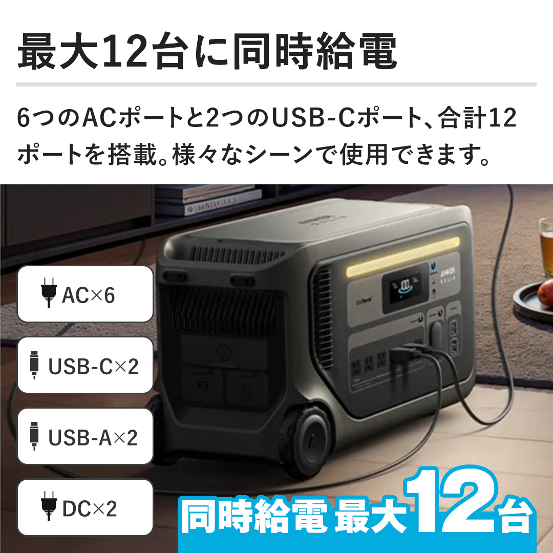 �y�ő�12��ɓ������d�z6��AC�|�[�g��2��USB-C�|�[�g�A���v12�|�[�g�𓋍ځB�l�X�ȃV�[���Ŏg�p�ł��܂��B