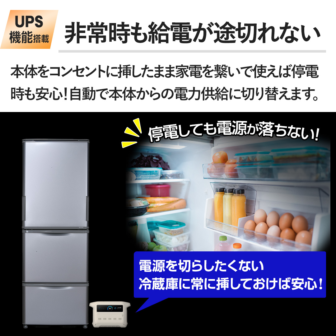 �y��펞�����d���r�؂�Ȃ��z�{�̂��R���Z���g�ɑ}�����܂܉Ɠd���q���Ŏg���Β�d�������S�I�����Ŗ{�̂���̓d�͋����ɐ؂�ւ��܂��B