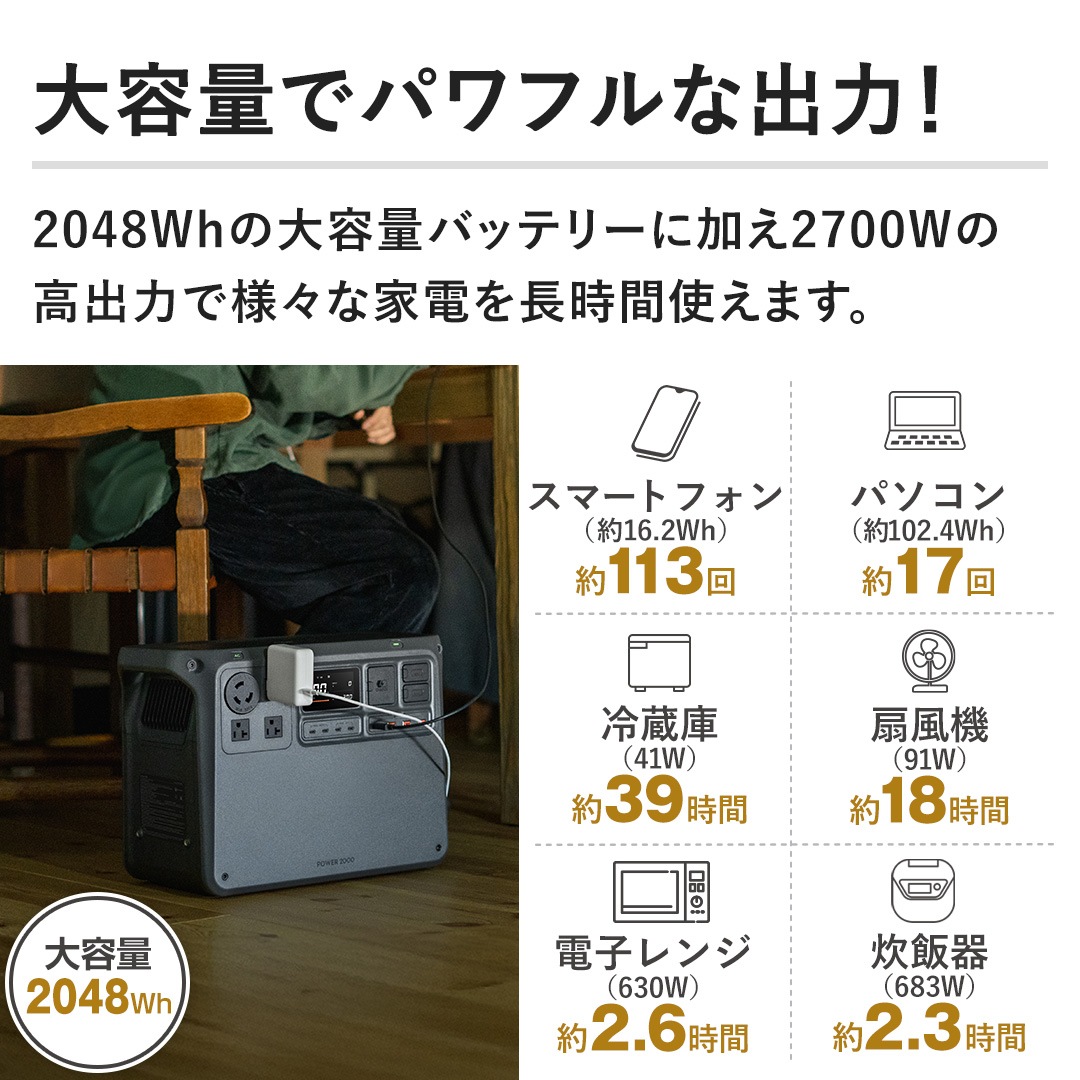 �y��e�ʂŃp���t���ȏo�́I�z2048Wh�̑�e�ʃo�b�e���[�ɉ���2700W�̍��o�͂ŗl�X�ȉƓd�𒷎��Ԏg���܂��B