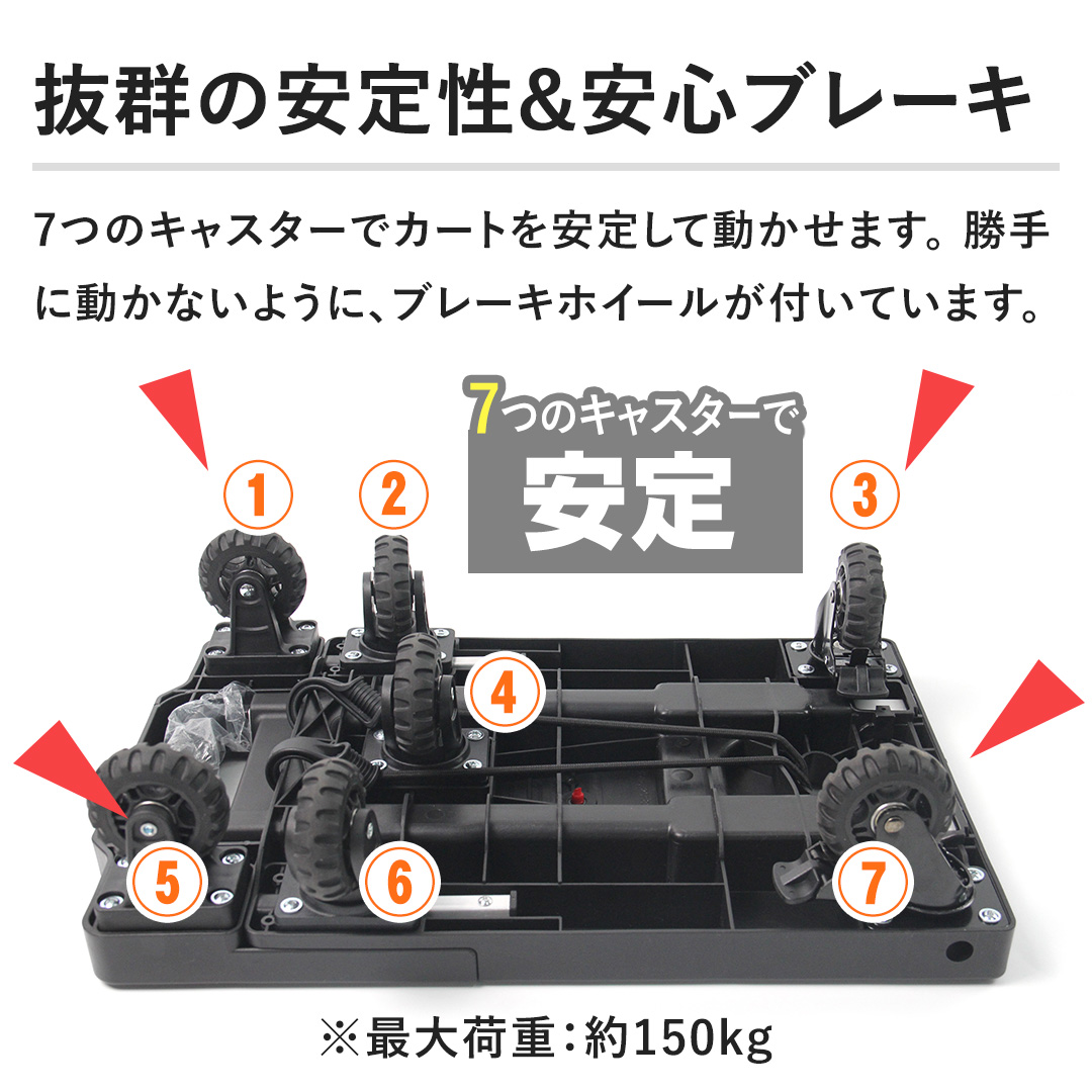 �y���Q�̈��萫&���S�u���[�L�z7�̃L���X�^�[�ŃJ�[�g�����肵�ē������܂��B ����ɓ����Ȃ��悤�ɁA�u���[�L�z�C�[�����t���Ă��܂��B