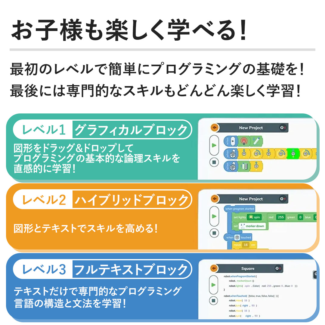 【3段階学習レベル】最初のレベルで簡単にプログラミングの基礎を！最後には専門的なスキルもどんどん楽しく学習！