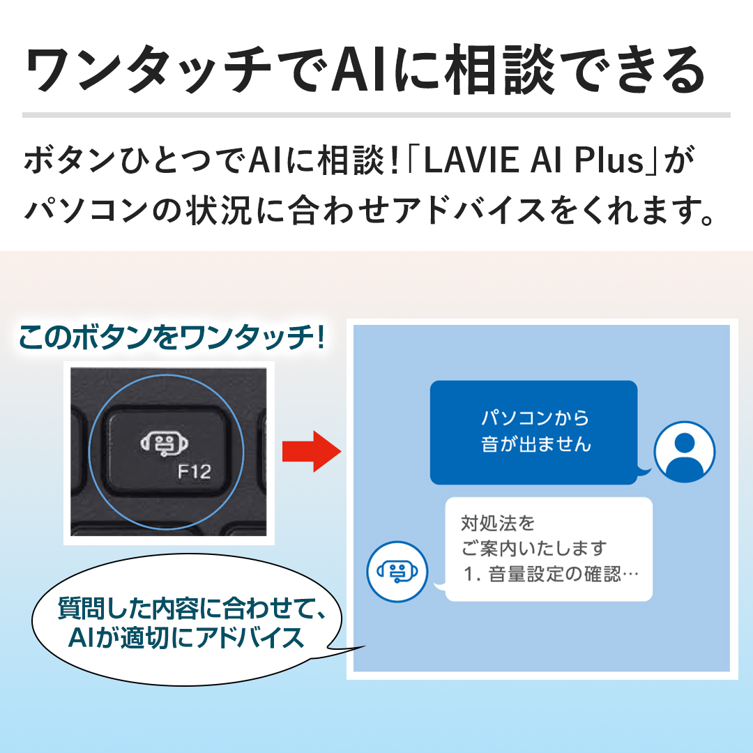 �y�����^�b�`��AI�ɑ��k�ł���z�{�^���ЂƂ�AI�ɑ��k�I�uLAVIE AI Plus�v���p�\�R���̏󋵂ɍ��킹�A�h�o�C�X������܂��B