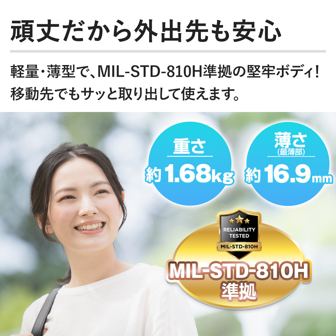 �y��䂾����O�o������S�z�y�ʁE���^�ŁAMIL-STD-810H�����̌��S�{�f�B�I�ړ���ł��T�b�Ǝ��o���Ďg���܂��B