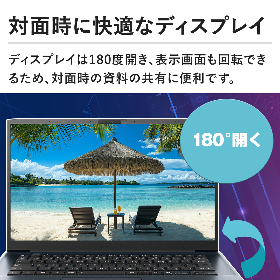 �y�Ζʎ��ɉ��K�ȃf�B�X�v���C�z�f�B�X�v���C��180�x�J���A�\����ʂ���]�ł��邽�߁A�Ζʎ��̎����̋��L�ɕ֗��ł��B