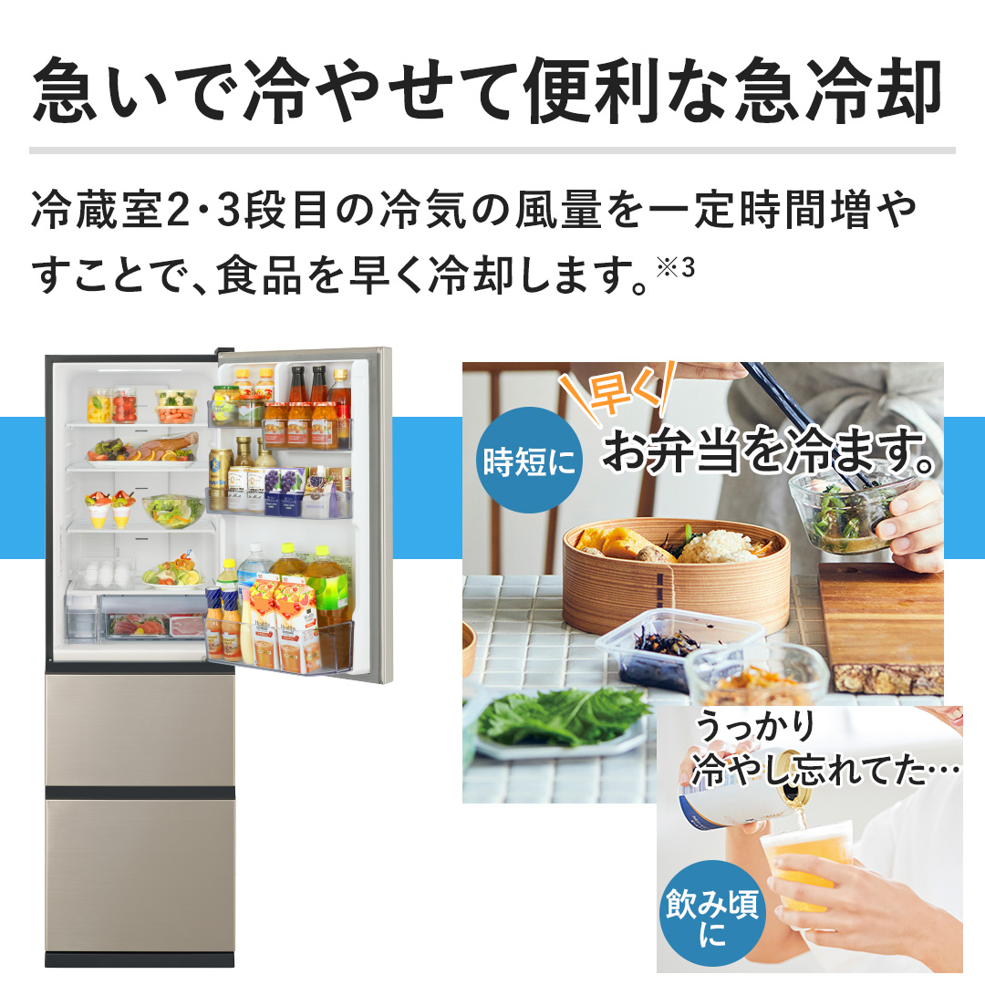 �y�}���ŗ�₹�ĕ֗��ȋ}��p�z�①��2�E3�i�ڂ̗�C�̕��ʂ���莞�ԑ��₷���ƂŁA�H�i�𑁂���p���܂��B