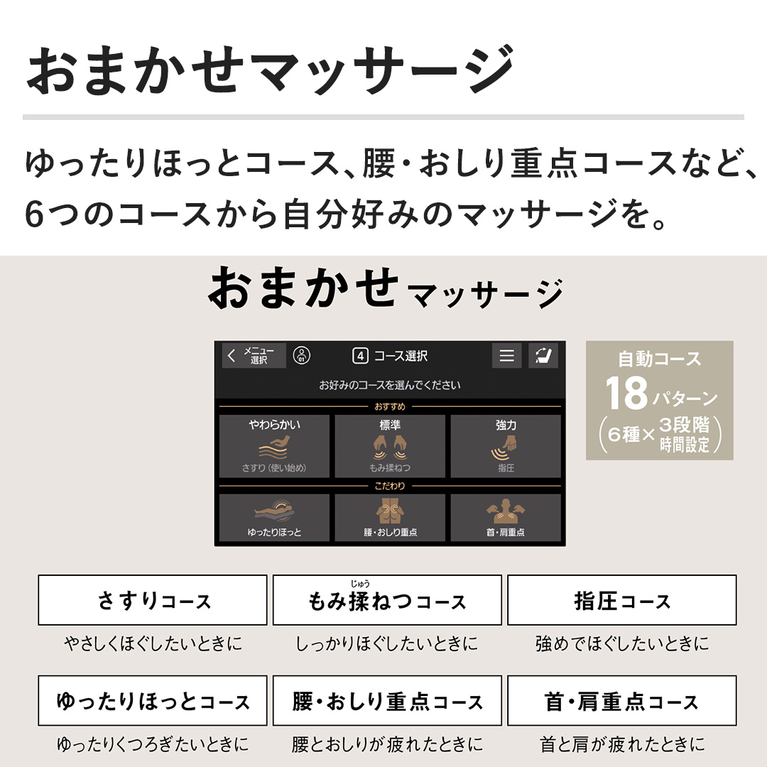 �y���܂����}�b�T�[�W�z�������ق��ƃR�[�X�A���E������d�_�R�[�X�ȂǁA�U�̃R�[�X���玩���D�݂̃}�b�T�[�W���B