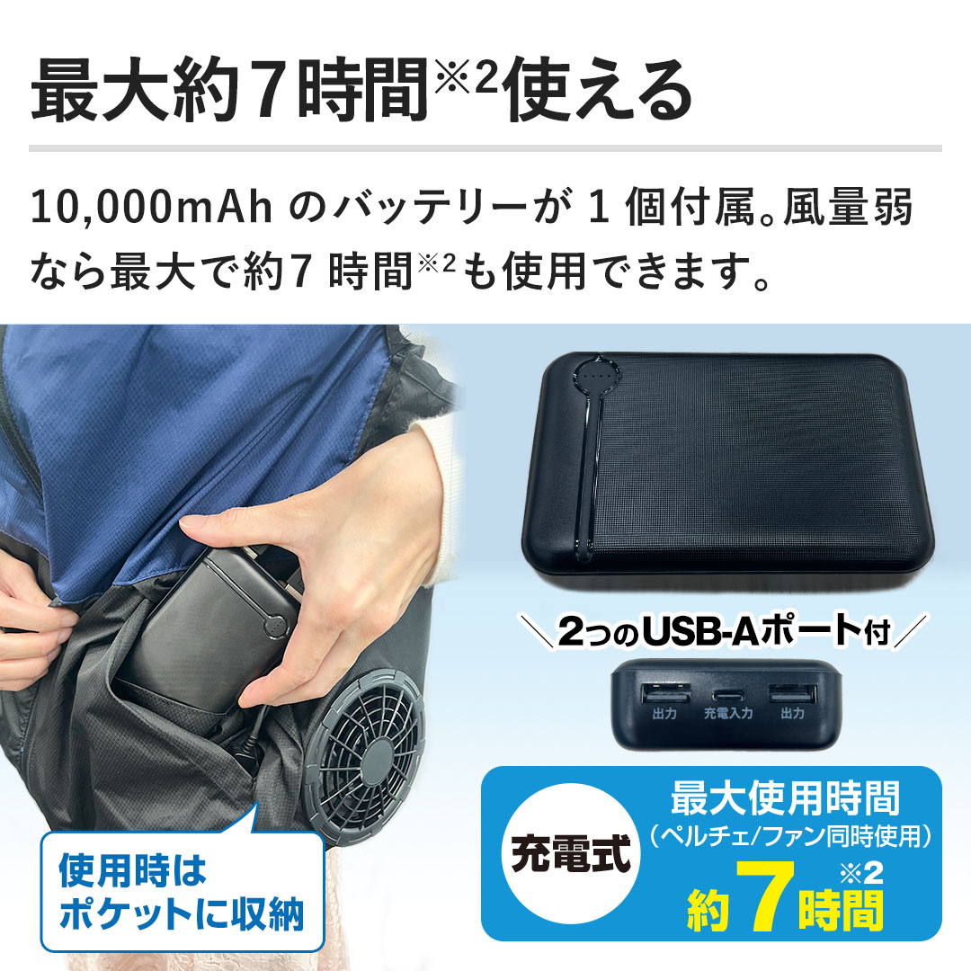�y�ő��7���Ԏg����z10,000mAh�̃o�b�e���[��1�t���B���ʎ�Ȃ�ő�Ŗ�7���ԁi�y���`�F/�t�@�������g�p�j���g�p�ł��܂��B